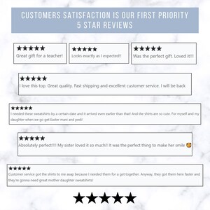 May include: Five star reviews from customers about a product. The reviews highlight the quality, fast shipping, and excellent customer service. One review mentions a gift for a teacher, another mentions a top, and another mentions sweatshirts.
