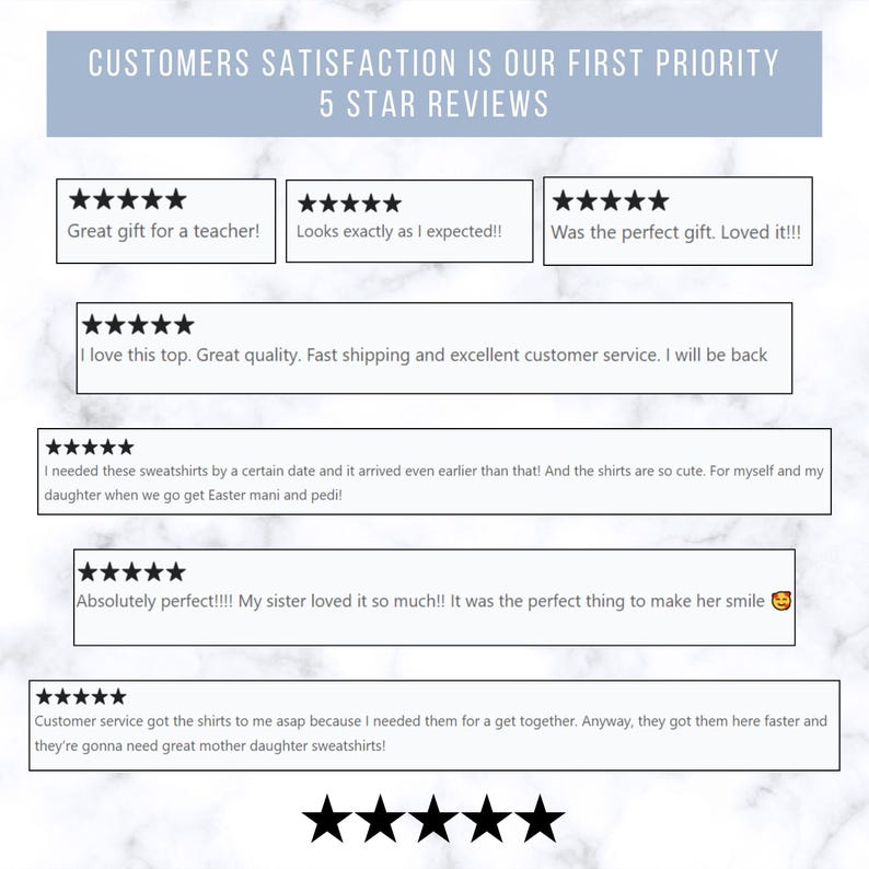 May include: Five star reviews from customers about a product. The reviews highlight the quality, fast shipping, and excellent customer service. One review mentions a gift for a teacher, another mentions a top, and another mentions sweatshirts.