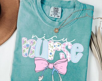 NICU Nurse Shirt Comfort Colors Neonatal Nurse Appreciation Gift Preppy Newborn Intensive Care Unit Tshirt Coquette Neonatal ICU RN Team Tee