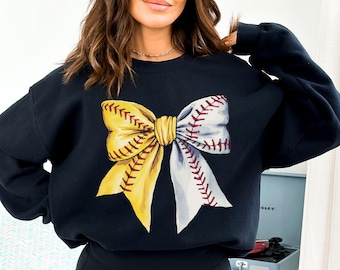 Baseball Softball Bow Sweatshirt Coquette Game Day Shirt Mom Of Both Girly Sweater Fall Season Tee Baseball Bow Sweatshirt Softball Season