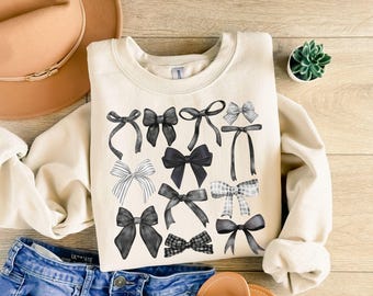 Coquette Dark Academia Bows Sweatshirt Soft Girl Aesthetic Sweater Black Bow Crewneck Girly Autumn Gift Plus Size Trending Top