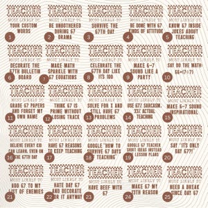 May include: A tan and brown teacher-themed print with 25 numbered circles, each with a humorous statement about teaching, such as "Most Likely to Know 67 Inside Jokes About Teaching."