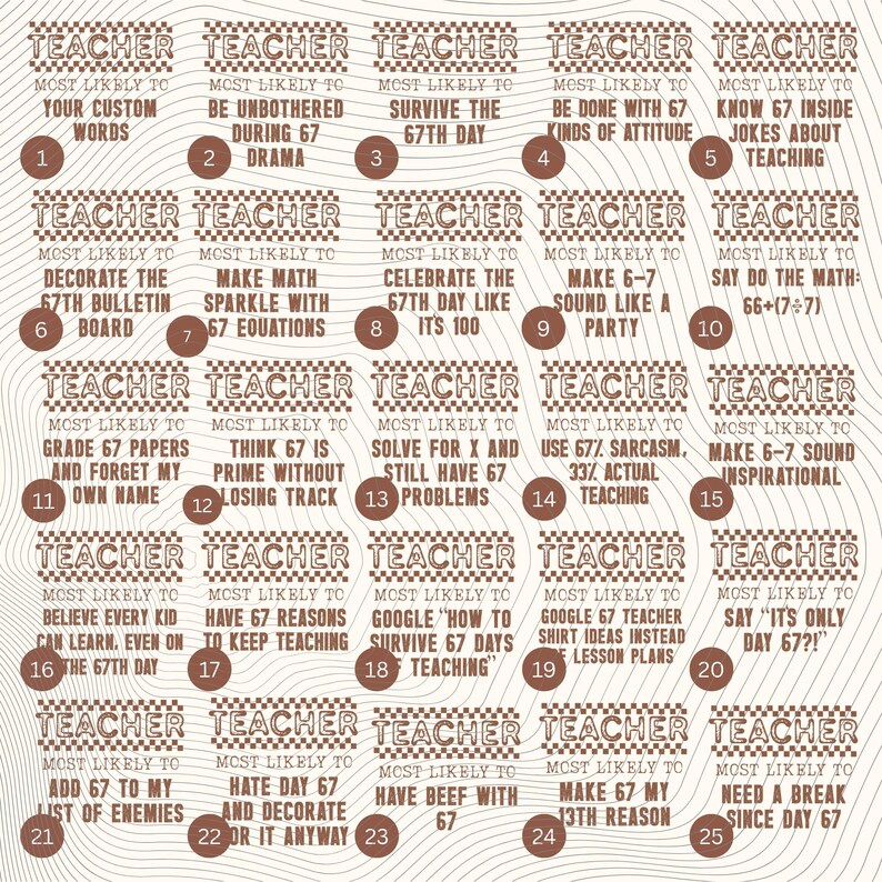 May include: A tan and brown teacher-themed print with 25 numbered circles, each with a humorous statement about teaching, such as "Most Likely to Know 67 Inside Jokes About Teaching."