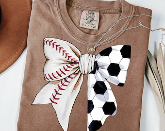 Baseball Soccer Split Bow Tshirt Coquette Gift for Mom of Both Game Day Shirt Girly Baseball Soccer Season Tee Sport Grandma Top Sister Gift