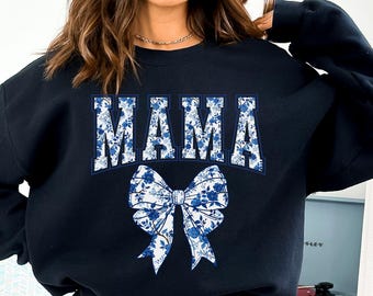 Chinoiserie Mama Sweatshirt Coquette Mama Blue Toile Bow Crewneck Varsity Mama Sweater Trendy Gift For New Mom Retro Mama Mothers Day Gift