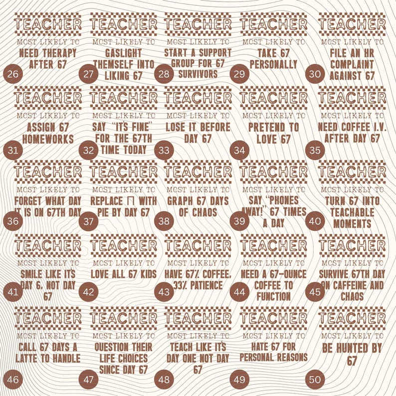 May include: A tan-colored poster with the word "TEACHER" repeated at the top. The poster features a grid of statements about teachers, such as "Need therapy after 67" and "Love all 67 kids."