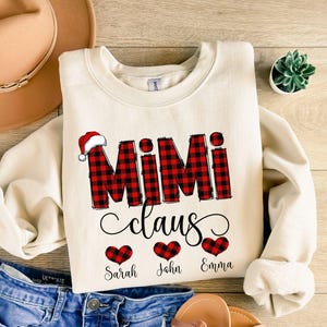 Custom Mimi Claus Sweatshirt Xmas Mimi Sweater Custom Christmas Grandkids Sweatshirt Grandma Personalized Children Name Red Checkered Gifts