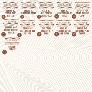 May include: A beige and brown graphic with text related to a therapist's likely actions, including "Remind 67 People They Matter" and "Unpack 67 Emotions Today." The design features a wavy pattern.