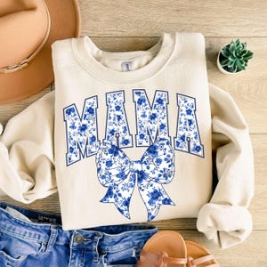 Chinoiserie Mama Sweatshirt Coquette Baby Reveal Gift Blue Toile Varsity Mama New Mom Gift Floral Expecting Mom Gift First Mothers Day Gift