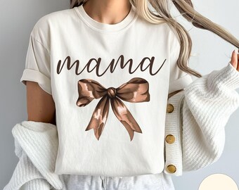 Mama Comfort Colors Tshirt Pregnancy Reveal Mothers Day Gift Coquette Mommy Shirt Brown Bow Announcement Tee Baby Shower Gift Mama Birthday