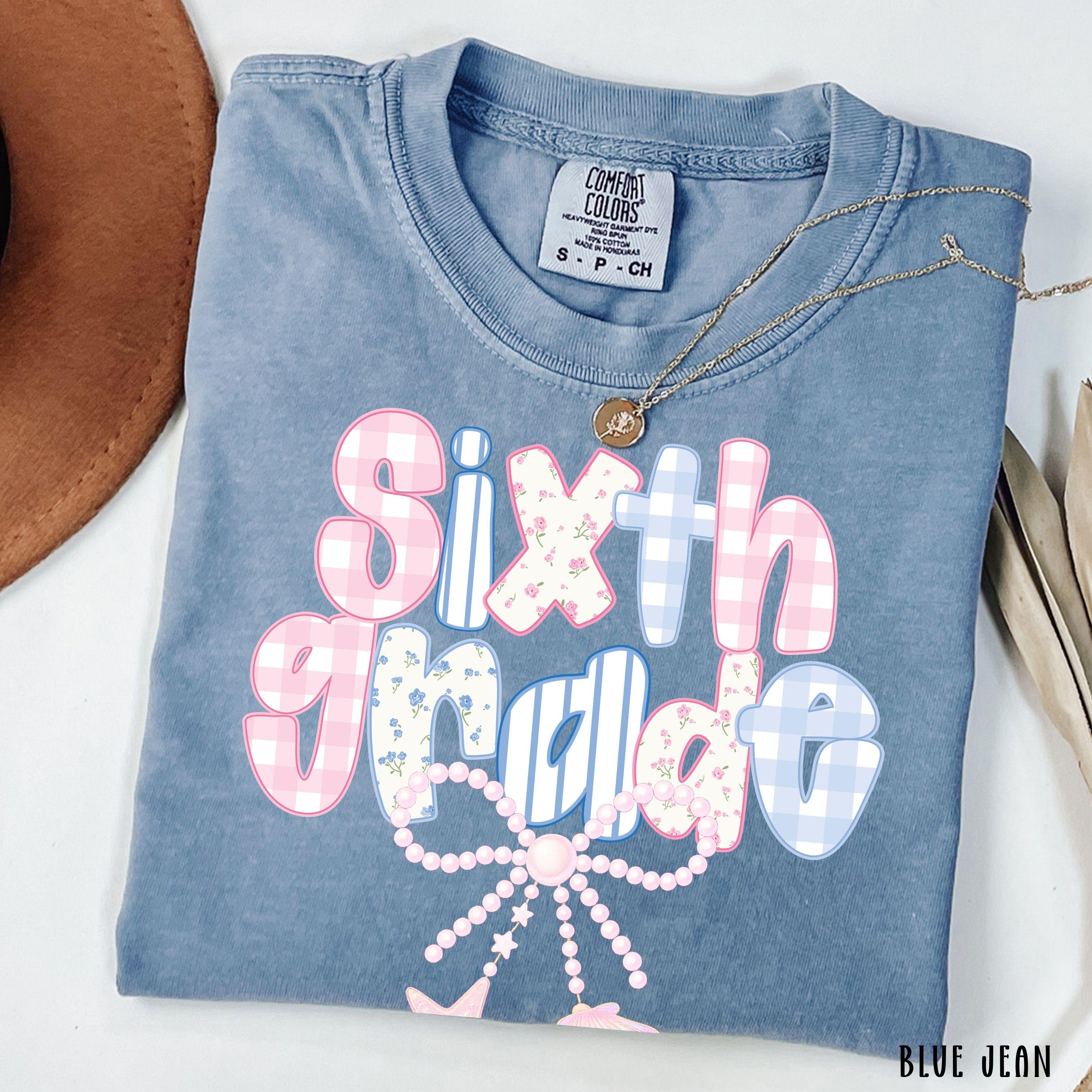 Sixth Grade Teacher Shirt Comfort Colors Preppy Teacher Gift Pearl Bow Back to School Tshirt Gingham 6th Grade Team Tee Appreciation Gifts