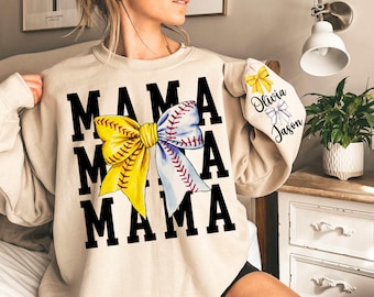 Baseball Softball Mama Sweat shirt Custom Mom Of Both Gift Kids Name on Sleeve Coquette Game Day Sweater Tball Ballpark Mama Split bow Top