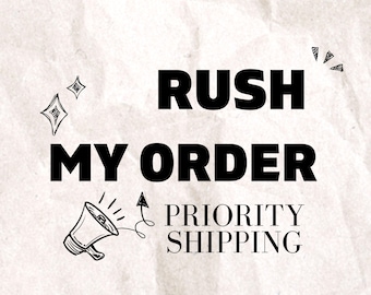 Puede incluir: Imagen digital sobre un fondo blanco roto texturizado. Las palabras "RUSH MY ORDER" están en negrita, en negro. Debajo, "PRIORITY SHIPPING" está escrito en letra más pequeña, en negro. La imagen incluye adornos de estilo garabato.