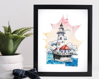 Faro en la ilustración del atardecer, Arte de pared caprichoso - Imprimible, Impresión de descarga digital, Escena de acuarela, Impresión descargable, Decoración de pared