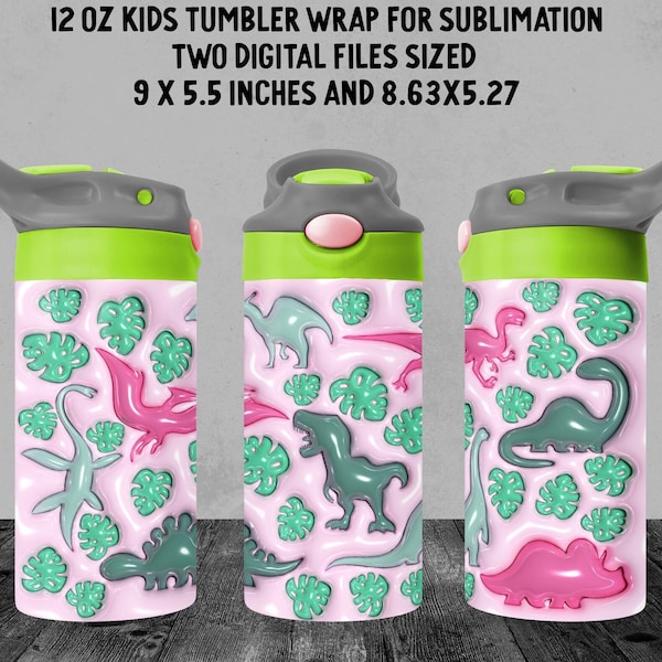 12oz Kids Dinosaur Dino TUMBLER wrap green and pink, 3D Inflated Puffy, download, childrens tumbler sublimation wrap, girls sippy cup wrap