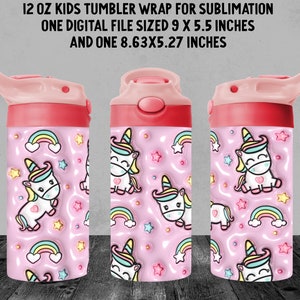 12 oz 3D opgeblazen PUFFY TUMBLER-wrap voor kinderen, Kawaii Unicorn and Rainbows, sublimatiewrap voor kinderbekers, wrap voor meisjes, sippy beker png