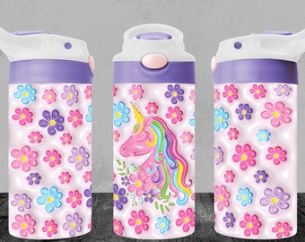 Envoltorio para vaso infantil de 355 ml con diseño de unicornio y flores: Diseño de sublimación 3D (PNG)