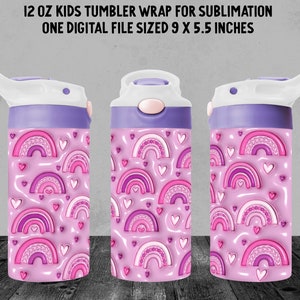 12oz kinder 3D opgeblazen PUFFY TUMBLER omslagdoek, paarse en roze regenboogharten, sublimatieomslagdoek voor kinderbekers, sippy cupomslagdoek voor meisjes, download png