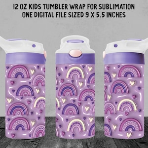 12 Unzen Kinder 3D Aufgeblasen PUFFY TUMBLER wrap, lila Regenbögen und Herzen, Kinder Tasse Sublimation Verpackung, Mädchen Schnabeltasse Verpackung, Download png