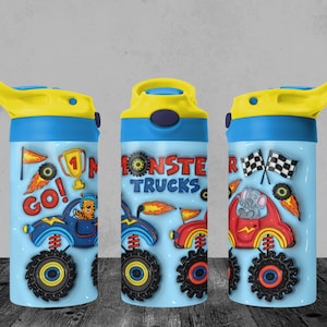 12 Unzen Kinder 3D aufgeblasen PUFFY TUMBLER wrap, Monster Trucks, png herunterladen, Kinder Becher Sublimation Wrap, Jungen Becher, Sippy Cup wrap