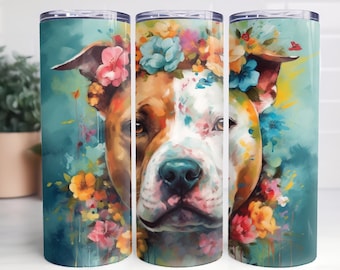 Watercolor Pitbull Dog Tumbler Wrap: Floral 20oz 30oz Design (Digital Download)