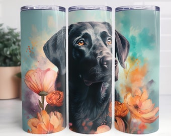Embalagem para copo Labrador preto: design floral de cachorro (download digital em PNG)