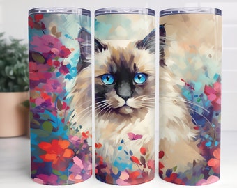 Envoltorio para vaso con diseño floral de gato Ragdoll de acuarela (20 oz y 30 oz) (descarga digital PNG)
