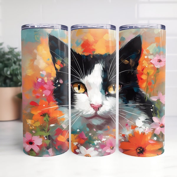 Watercolor Tuxedo Cat with Flowers Design, Cute TUMBLER WRAP, Sublimation, Skinny 20oz and 30oz, straight and tapered, PNG