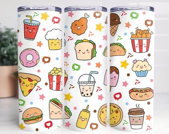 Sublimação TUMBLER WRAP, Cute Kawaii Foods, Foodie Tumbler Cup, Pizza, Cupcake, Café, Borda Branca Sem Costura, 20oz reto apenas, Arquivo PNG