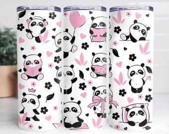Adesivo para copo térmico por sublimação, com pandas fofos e adoráveis na cor rosa, com borda branca sem emenda, tamanho único de 590ml (20oz), arquivo PNG, download instantâneo.