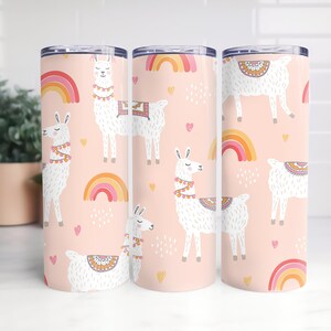 Cute Rainbow Llama, Pink and Peach TUMBLER WRAP, Sublimation, 20oz and 30oz, straight and tapered designs, PNG Files, instant digital
