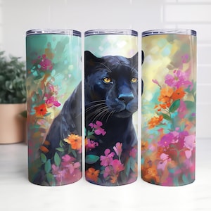 Beautiful Colorful Watercolor Black Panther with Flowers Design, TUMBLER WRAP, Sublimation, Skinny 20oz and 30oz, straight and tapered, PNG