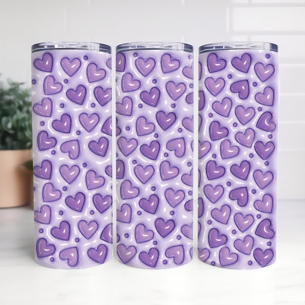 3D Inflated PUFFY TUMBLER WRAP, Purple Just Hearts, png instant download, 20oz Straight Skinny only, sublimation file, Valentines tumbler