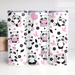 May include: Three white stainless steel tumblers with a pink and black panda bear pattern. The pandas are doing different activities like reading, sleeping, and holding a watermelon.