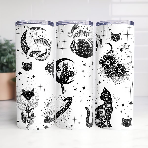 Sublimation TUMBLER WRAP, Celestial Cats, Galaxy, Zodiac, Moon & Stars, Seamless White Edge, 20oz straight only, PNG File, instant download