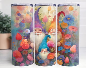 Envoltorio para vaso con diseño floral de gnomos de acuarela (20 oz y 30 oz) (PNG)