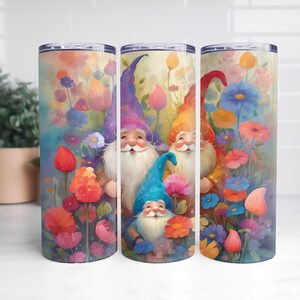 Beautiful Colorful Watercolor Gnomes with Flowers Design, TUMBLER WRAP, Sublimation, Skinny 20oz and 30oz, straight and tapered, PNG