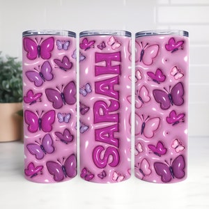 3D aufgeblasen PUFFY TUMBLER WRAP, lila und rosa Schmetterlinge mit personalisiertem Namen, hergestellt auf Bestellung png digitaler Download, 20 Unzen Straight Skinny
