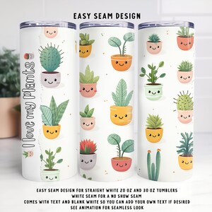 TUMBLER WRAP sans couture, plantes Kawaii mignonnes, j'aime mes plantes, 20 oz et 30 oz droites, couture facile blanche, PNG, téléchargement immédiat, Plant Mom Wrap