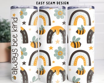 Envoltura para vaso "Abejas y Arcoíris": Diseño de costura blanca sin costuras (Descarga digital PNG)