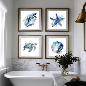 Blue Watercolor Summer Art Beach Collection, digital files, home decor wall art, download, sea turtle, shell, palm, starfish, & ocean beach