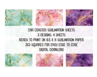 Láminas de sublimación para posavasos de coche con diseño de mármol, verde, rosa, morado y dorado, 3 diseños, archivos JPG listos para imprimir (8.5 x 11 pulgadas), descarga digital.