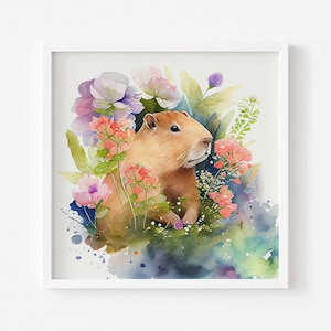DIGITAL PRINTABLE, Spring Capybara with Flowers Spring Watercolor Artwork