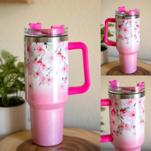40 oz TUMBLER WRAP, roze bloemen, kersenbloesems en vlinders, png en jpg instant digitale download, bekerontwerp met bloemen voor sublimatie