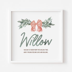 May include: A white framed print with a watercolor illustration of a pink bow tied with green leaves. The text "Willow" is written in cursive below the bow. The text "Willow is taken from the willow tree, and it means feeling love and healing." is written below the name.