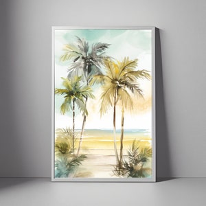 Digital Printable, Watercolor Summer PALM TREES on Beach, home decor, wall art, prints, instant download jpgs, Summer Tropical Beach Poster