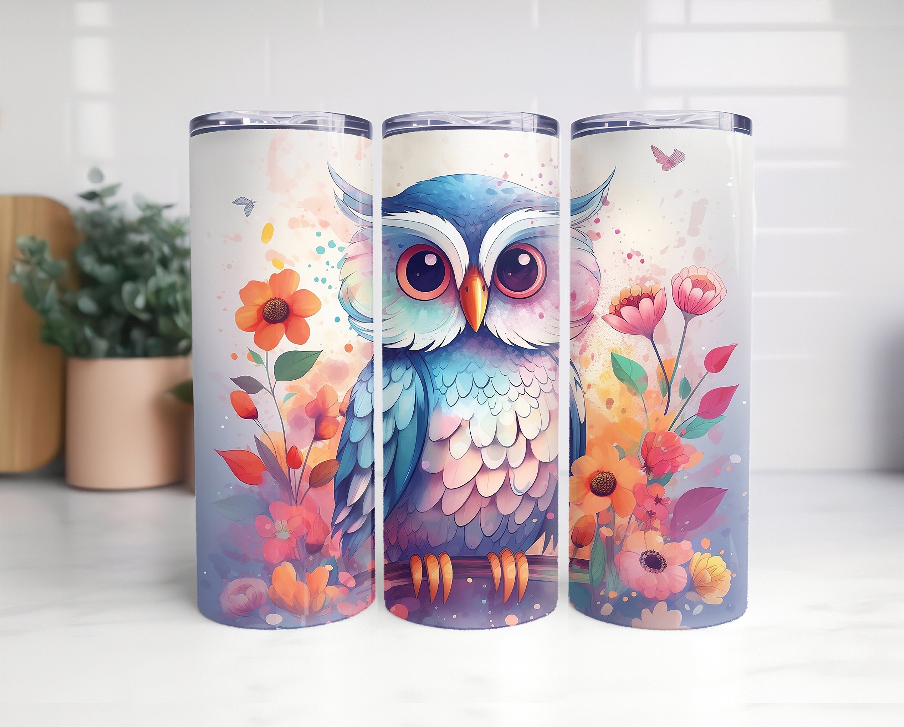 Pretty Watercolor Style Owl Design 2, TUMBLER WRAP, Sublimation, Skinny 20oz and 30oz, straight and 
