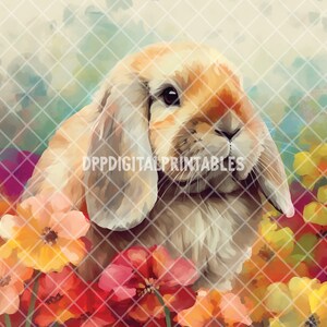 May include: A fluffy, light brown lop-eared rabbit with large, floppy ears sits in a field of colorful flowers. The flowers are a mix of red, orange, yellow, and pink.