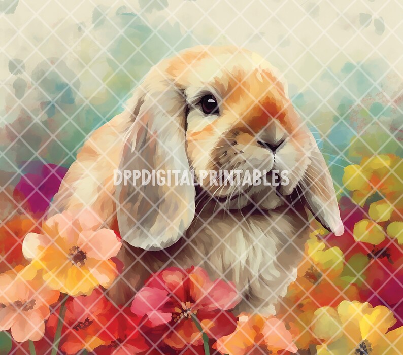 May include: A fluffy, light brown lop-eared rabbit with large, floppy ears sits in a field of colorful flowers. The flowers are a mix of red, orange, yellow, and pink.