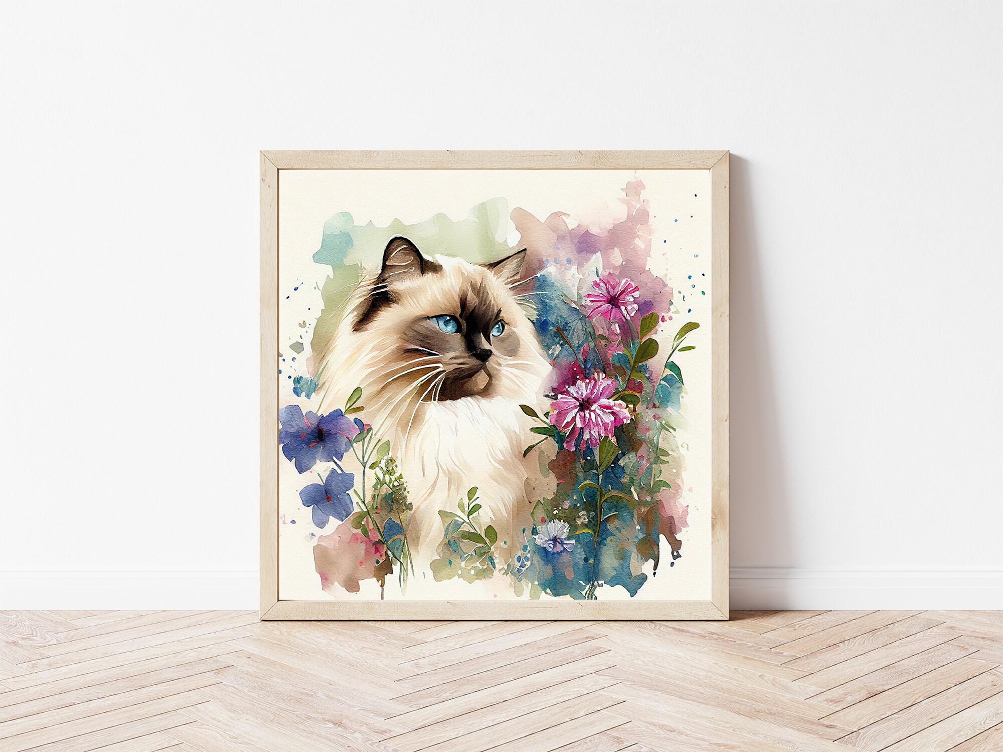 DIGITAL PRINTABLE, Spring Ragdoll Cat With Flowers Spring Watercolor ...